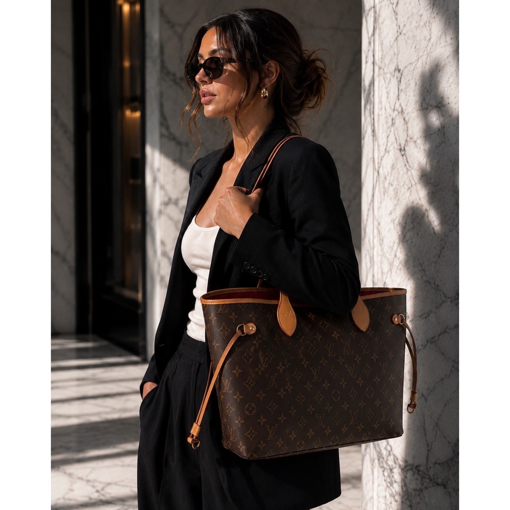 Louis Vuitton Neverfull MM Monogram Tote Bag with Pouch Brown Red Interior